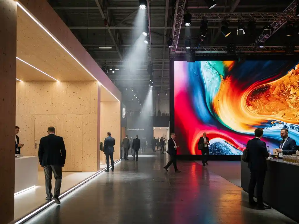 Messehalle mit minimalistischem skandinavischen Stand aus hellem Birkenholz gegenüber einem deutschen Messestand mit großer LED-Wand und warmen Bernsteintönen.