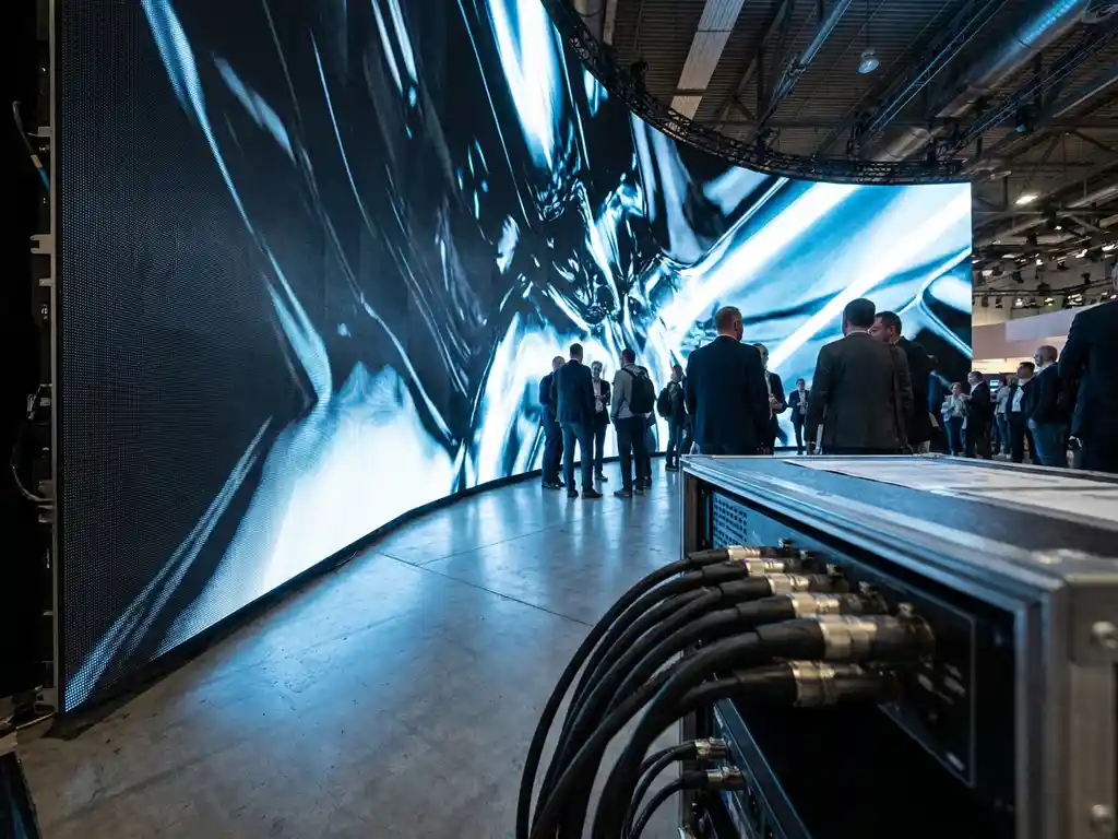Riesige 4K-LED-Videowand mit leuchtend blauen und weißen Farben in einer Messehalle, Signalkabel im Vordergrund.