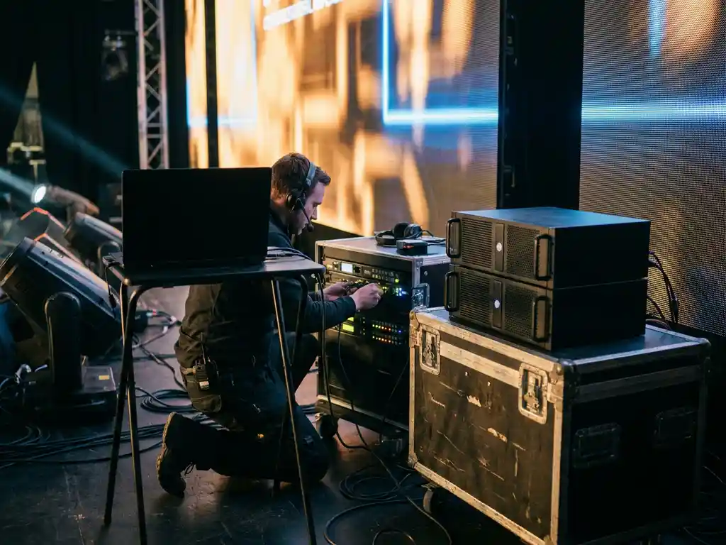 AV-Techniker schließt Backup-Laptop an redundanten Signal-Switcher backstage an, LED-Wand leuchtet im Hintergrund bei Live-Konferenz.