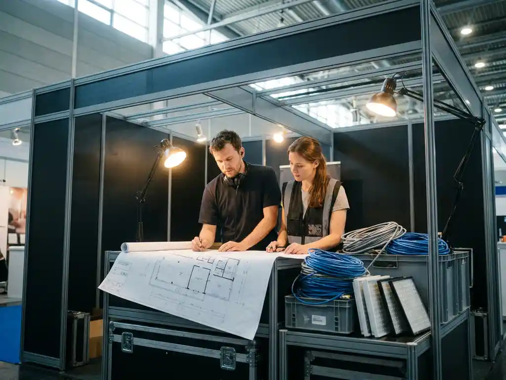AV-Techniker und Stand-Designer beugen sich über einen Hallenplan auf einem Messebau-Gerüst, LED-Panels und Kabelstränge im Vordergrund.