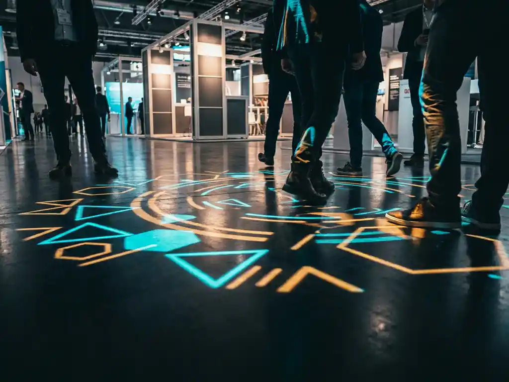 Interaktive Bodenprojektion mit leuchtenden Cyan- und Bernstein-Geometrien auf dunklem Messeboden, Besucher schreiten durch das Licht.