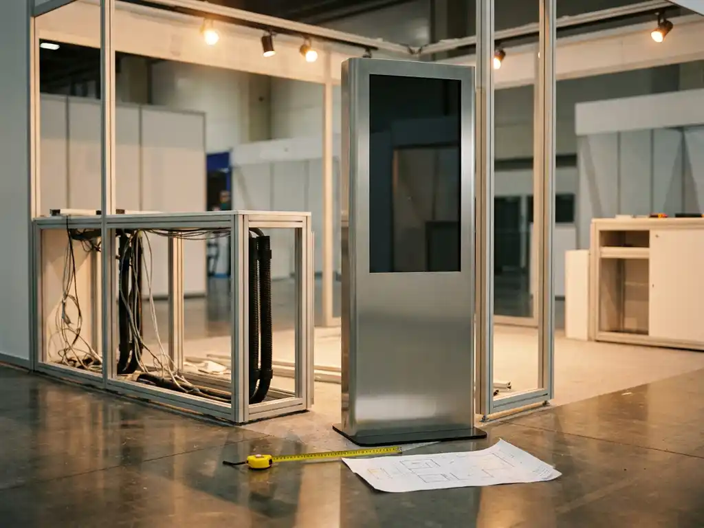 Digitales Kiosk-Stele auf Messeboden, umgeben von Aluminium-Messestand im Aufbau, Maßband und Grundriss daneben, warmes Akzentlicht.