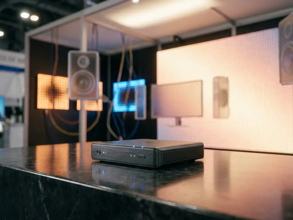 drahtloser-av-sender-messe-technologie.jpg Kabelloser AV-Transmitter auf schwarzem Untergrund an einem Messestand mit leuchtendem LED-Display im Hintergrund.