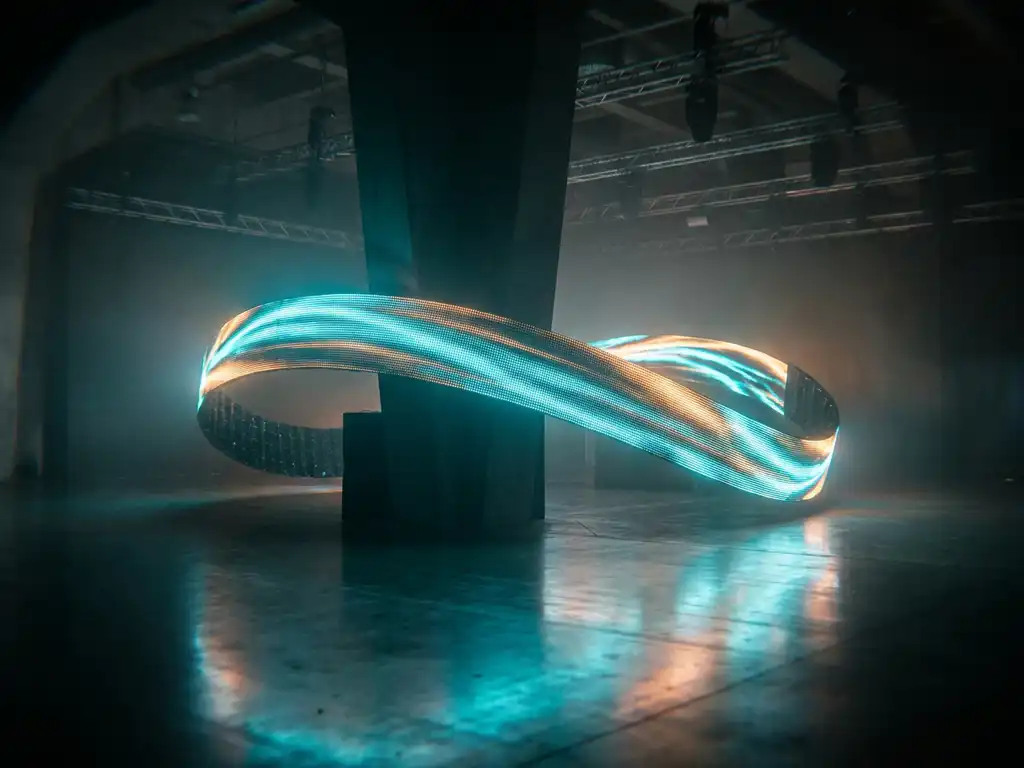 Flexibles LED-Display umhüllt eine Säule in einer dunklen Ausstellungshalle mit leuchtendem Cyan und Amber auf Betonboden.