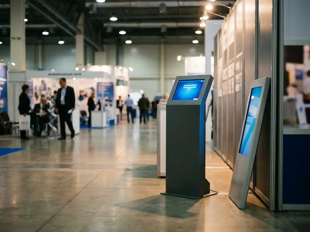 Freistehender Kiosk-Stele mit Touchscreen und wandmontiertem Display auf Betonboden einer Messehalle, beleuchtet von Spotlights.