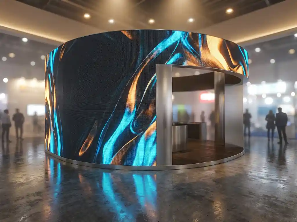 gebogene-led-wand-messestand-display.jpg Geschwungene LED-Displaywand in einem Messestand mit lebendigen Produktvisuals, Betonboden reflektiert das elektrisch-blaue und bernsteinfarbene Licht.