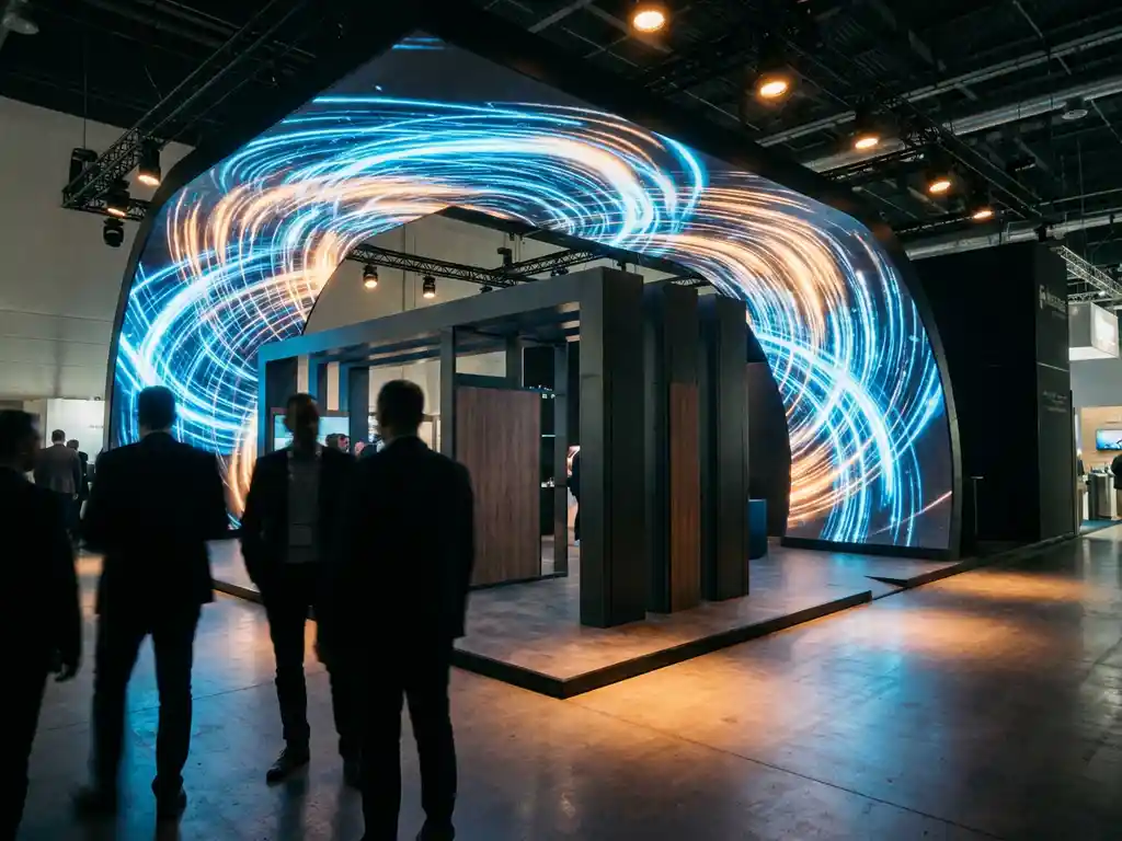 messe-led-wand-produktpraesentation-technologie.jpg Geschwungene LED-Wand mit Produktvisualisierung dominiert einen modernen Messestand, Besucher im Vordergrund, elektrisches Blau und Amber.