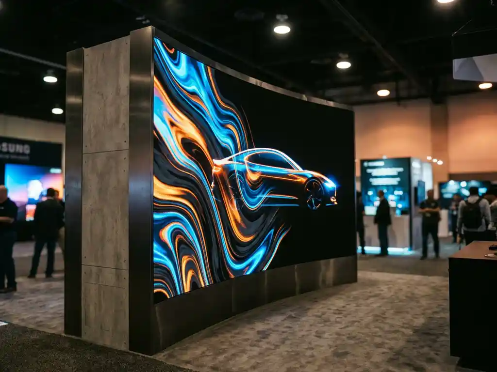 led-display-messe-stand-ausstellung.jpg HDR-LED-Displaywand mit leuchtenden Farben und tiefen Schwarztönen an einem modernen Messestand in großer Ausstellungshalle.