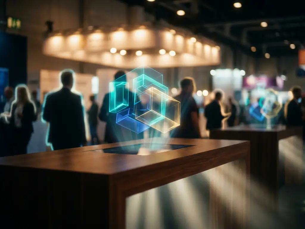 Holografisches 3D-Produktdisplay schwebt über einem Messestand, Besucher im Hintergrund, in Blau-, Cyan- und Goldtönen beleuchtet.