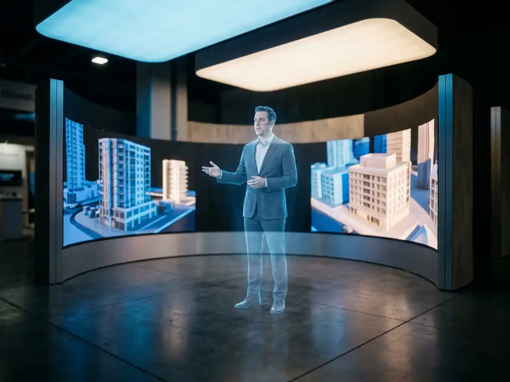 Lebensgroßer holografischer Avatar eines Redners im Anzug auf Messeboden, umgeben von gebogenen LED-Wänden mit Architekturvisualisierungen.