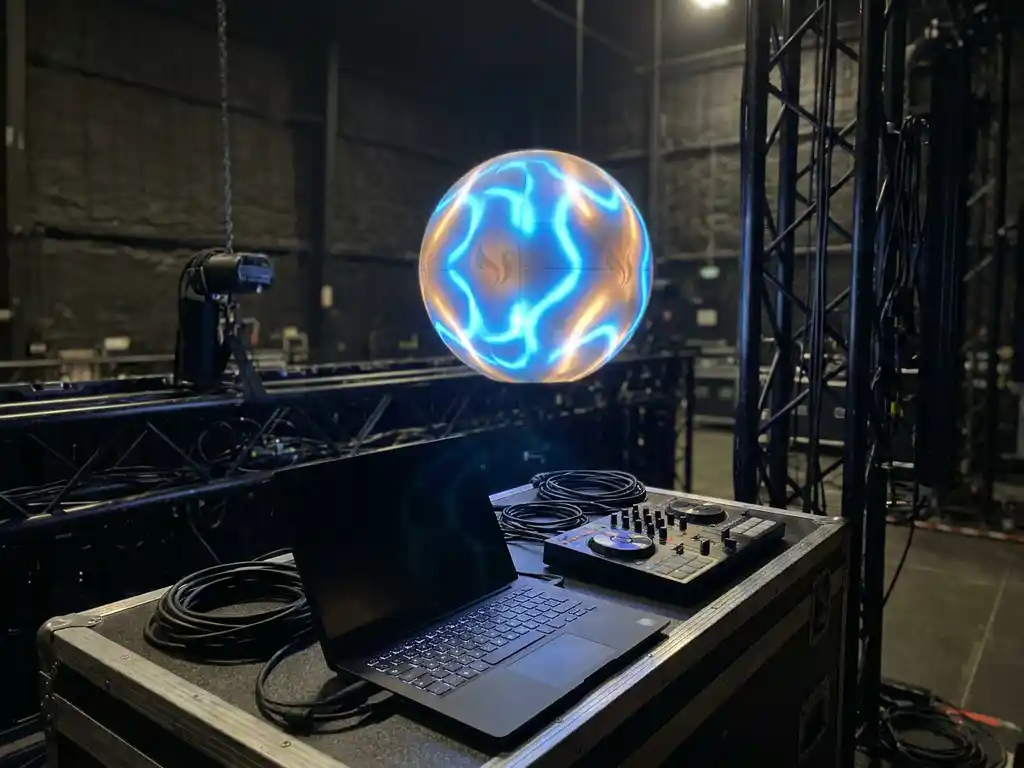 Leuchtende sphärische LED-Kugel mit individuellen Markengrafiken schwebt in verdunkelter Eventhalle über Flight Case mit Laptop.