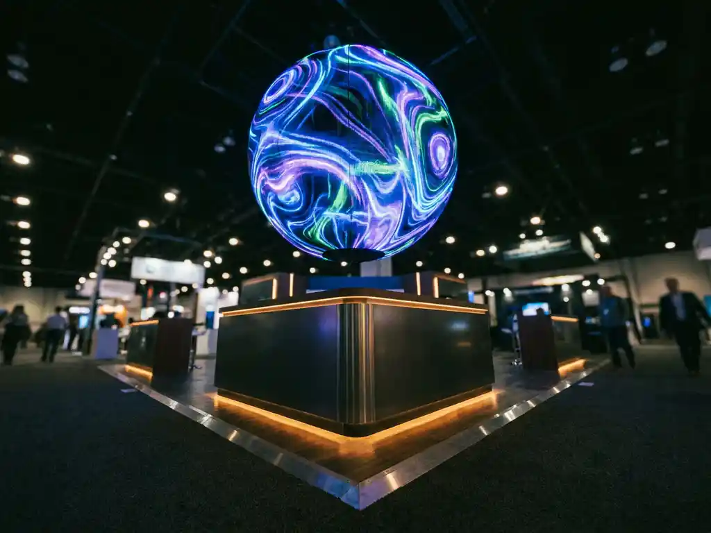 Leuchtende sphärische LED-Kugel mit abstrakten Projektionen auf einem Messestand in elektrischem Blau und Bernsteinlicht.