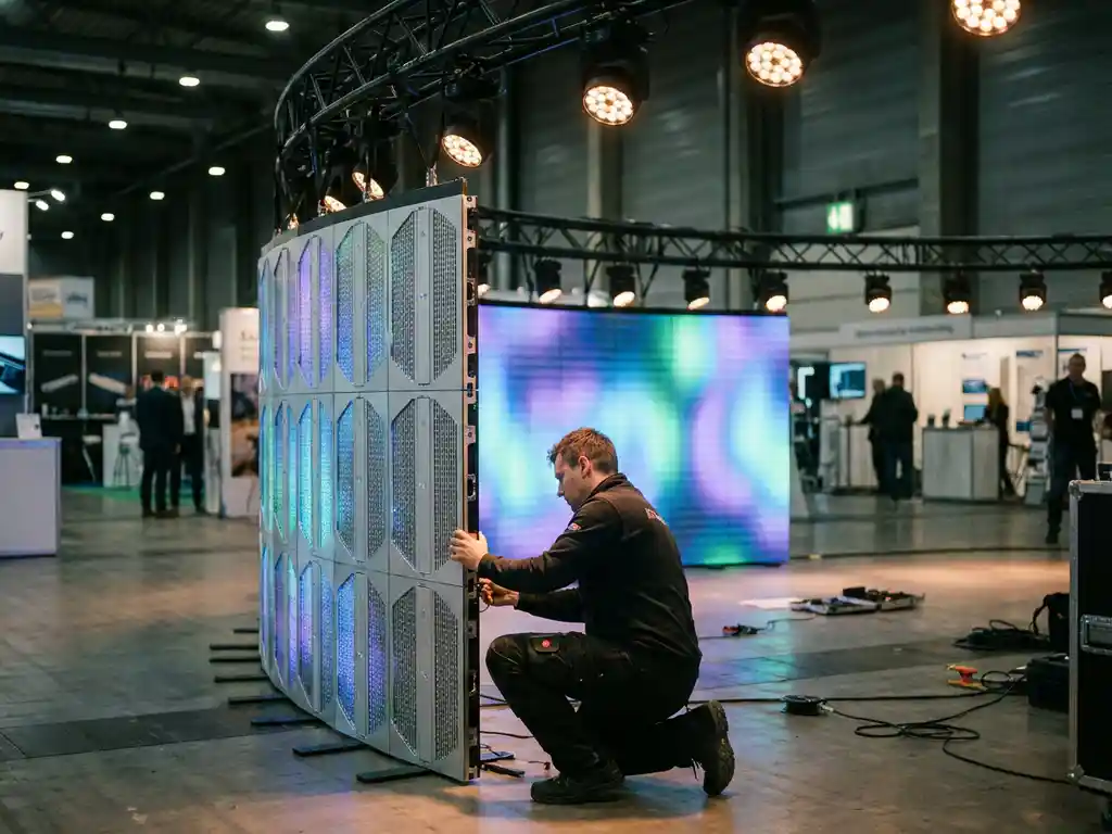 Techniker montiert großes modulares LED-Banner mit RGB-Beleuchtung auf Messeboden in moderner Ausstellungshalle.