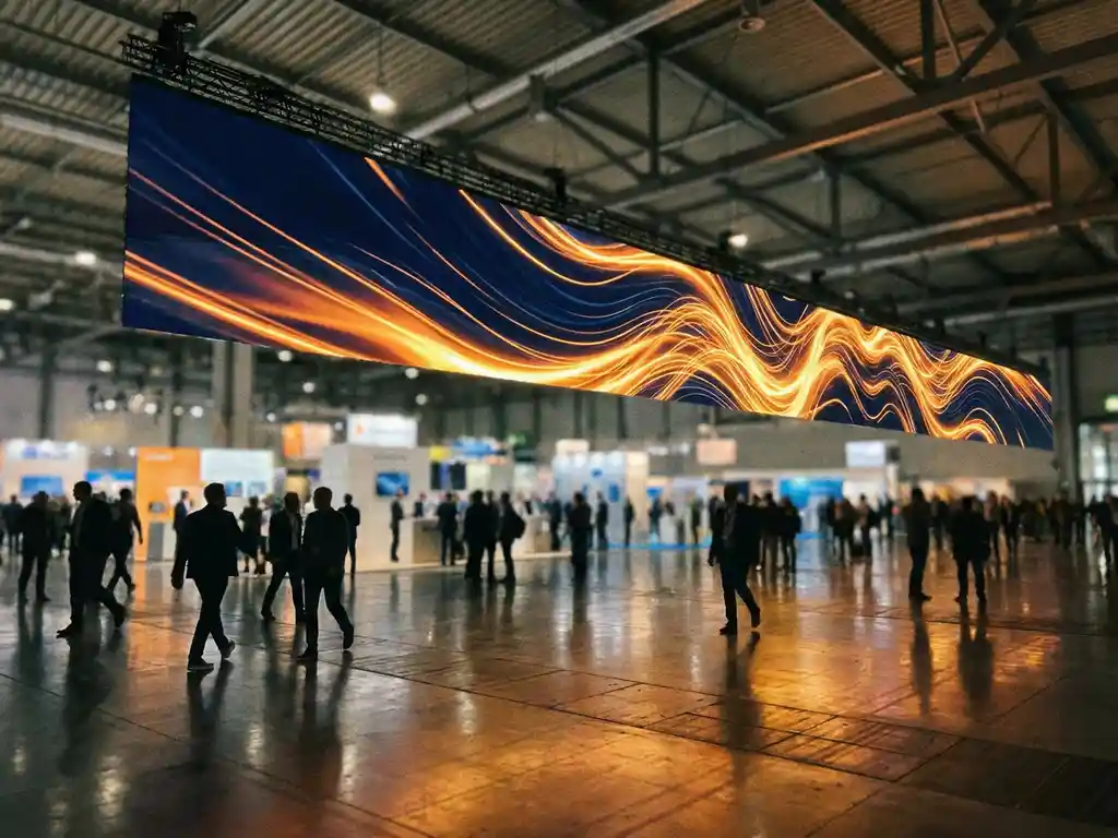Breites LED-Bannerdisplay mit abstrakten Lichtwellen in Marineblau und Bernstein über einer belebten Messehalle, Besucher als Silhouetten.