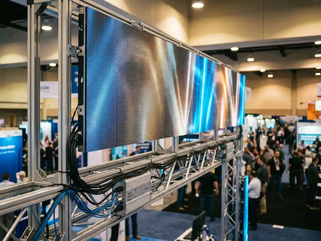 Modulares LED-Banner an einem Messestand mit blauen und bernsteinfarbenen Lichtakzenten, Stromkabel entlang der Aluminiumkonstruktion, belebte Ausstellungshalle im Hintergrund.