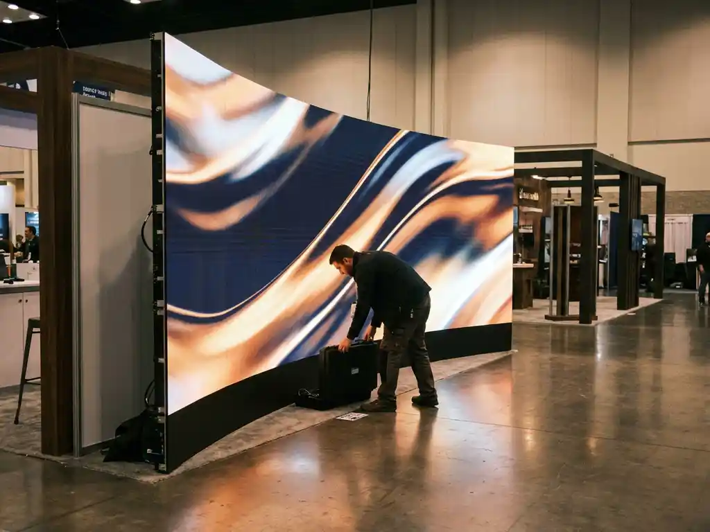 Techniker vor großem geschwungenem LED-Banner an Messestand mit leuchtendem Display in Marineblau, Amber und Weiß.