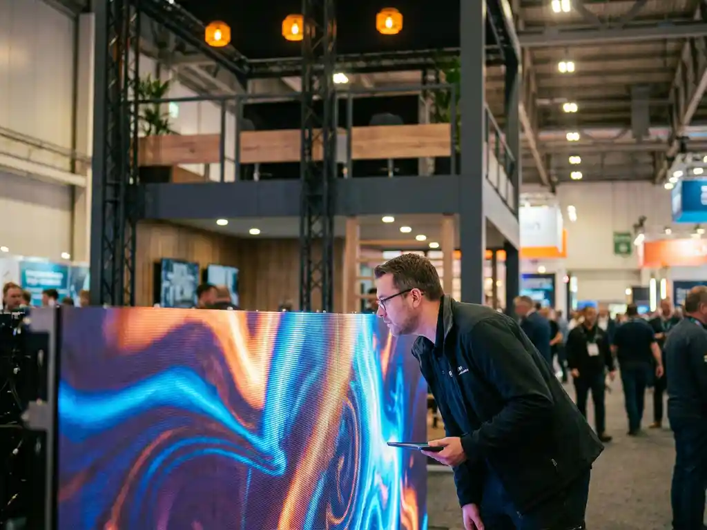AV-Techniker prüft leuchtende LED-Banner-Anzeige an einem Messestand mit sichtbarer Pixelstruktur in moderner Ausstellungshalle.