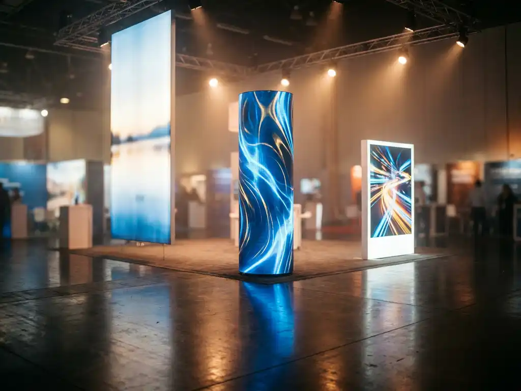 Drei leuchtende LED-Display-Formate auf einer modernen Messeausstellung in Blau- und Weißtönen mit atmosphärischer Beleuchtung.