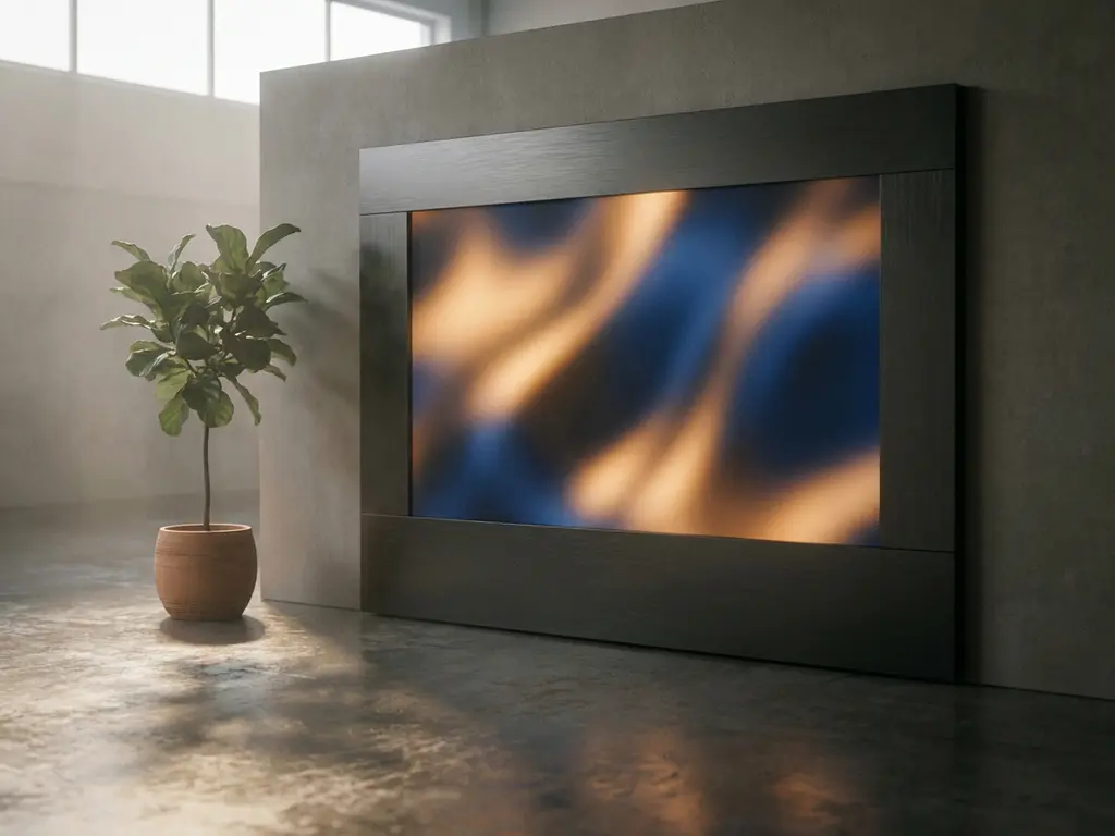 LED-Display-Panel mit abstraktem Markenlogo in Bernstein und Dunkelblau an minimalistischer Messewand mit Betonboden und Zimmerpflanze.