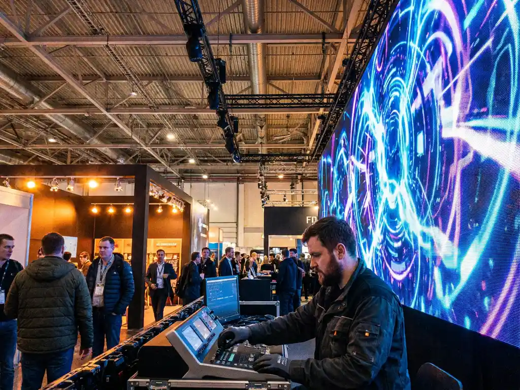 Techniker reguliert LED-Displaywand auf Messe, elektrisch blaues Licht kontrastiert warmes Bernsteinlicht der Ausstellungshalle.