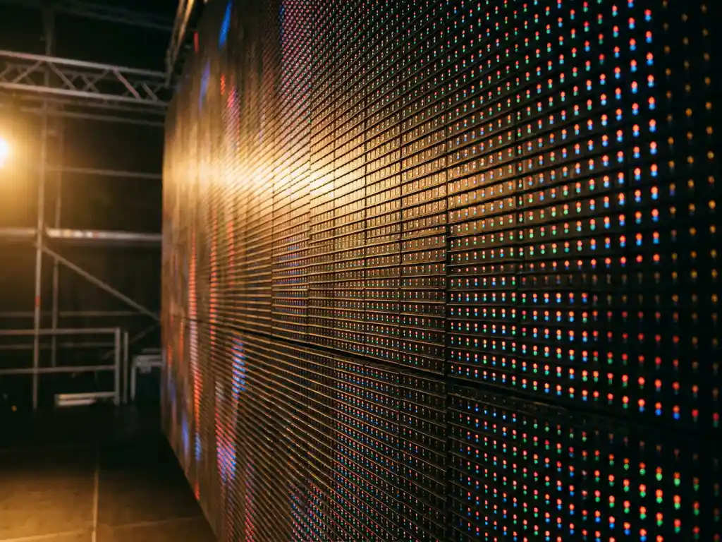 Nahaufnahme eines LED-Displays mit leuchtenden Rot- und Blautönen in einer Eventhalle, sichtbare Pixelstruktur und warmes Bühnenlicht.