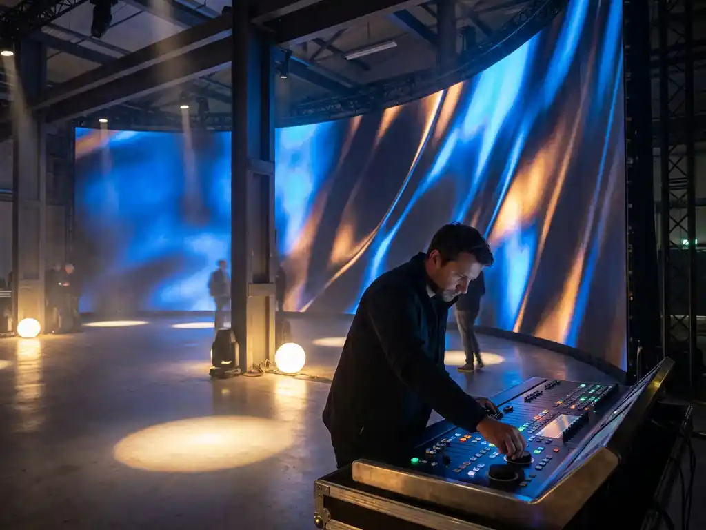 Techniker reguliert Helligkeit einer großen LED-Displaywand in abgedunkelter Messehalle mit elektrisch-blauem und warmem Bernsteinlicht.