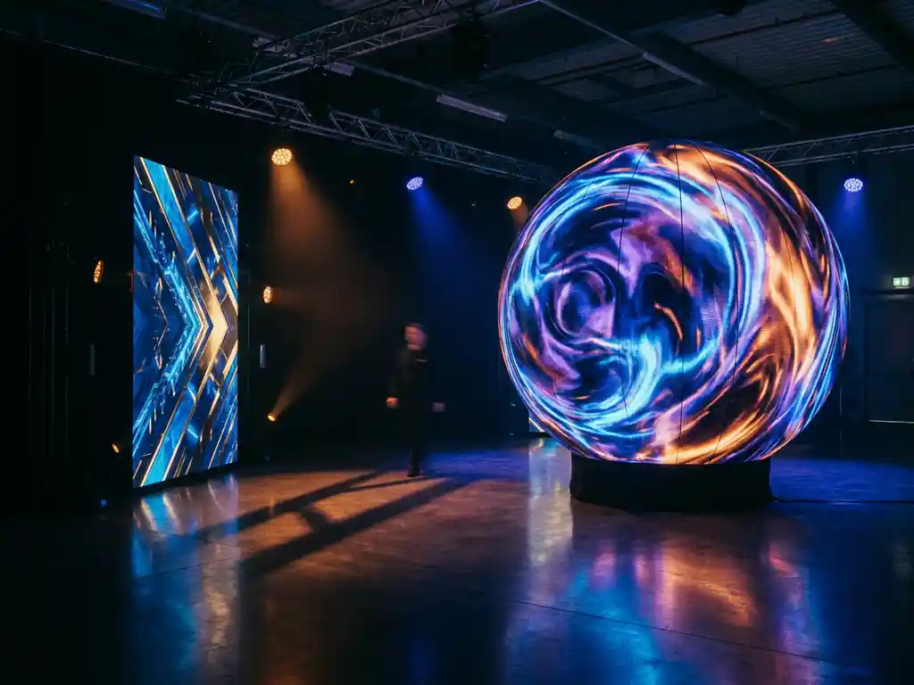 Leuchtende sphärische LED-Kugel neben flachem LED-Display in dunkler Eventhalle mit blauem Bühnenlicht und Spiegelung auf Betonboden.