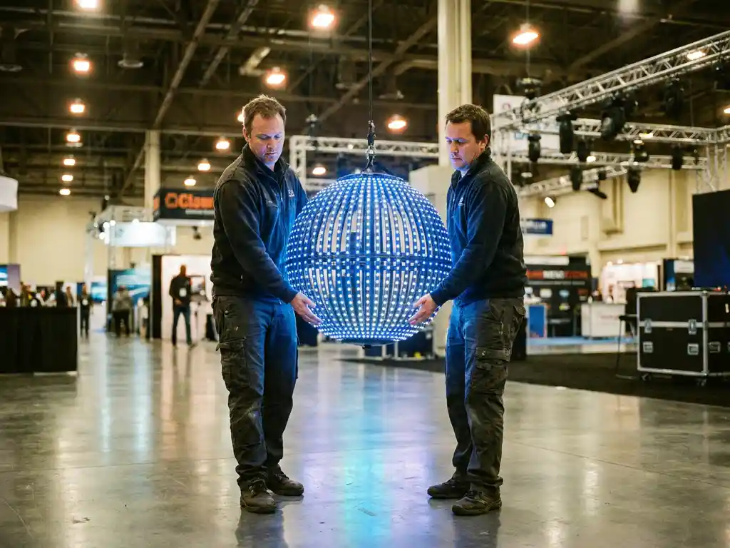 Zwei Techniker heben eine leuchtende LED-Kugel in einer Messehalle mit blauen und weißen Lichtreflexen auf dem Betonboden.