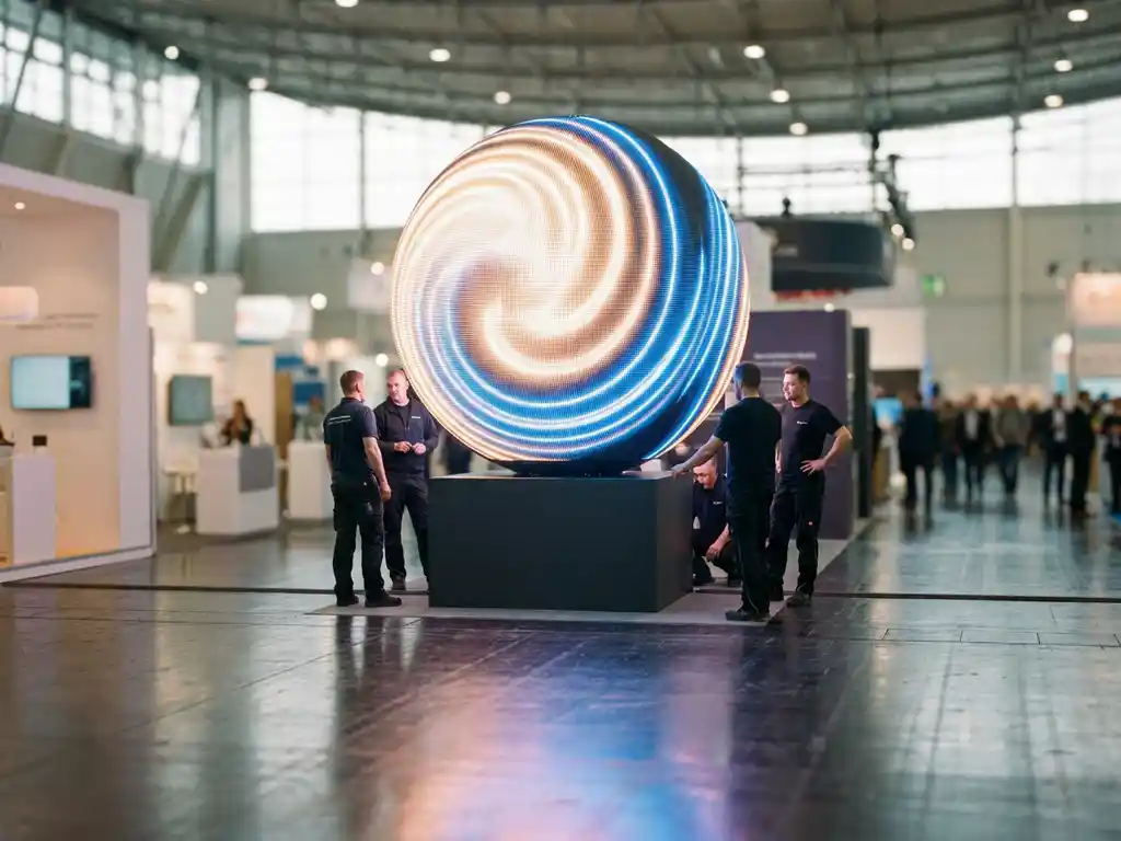 Leuchtende LED-Kugel auf Messestand strahlt warmes weißes und blaues Licht über Betonboden, Techniker im Hintergrund.
