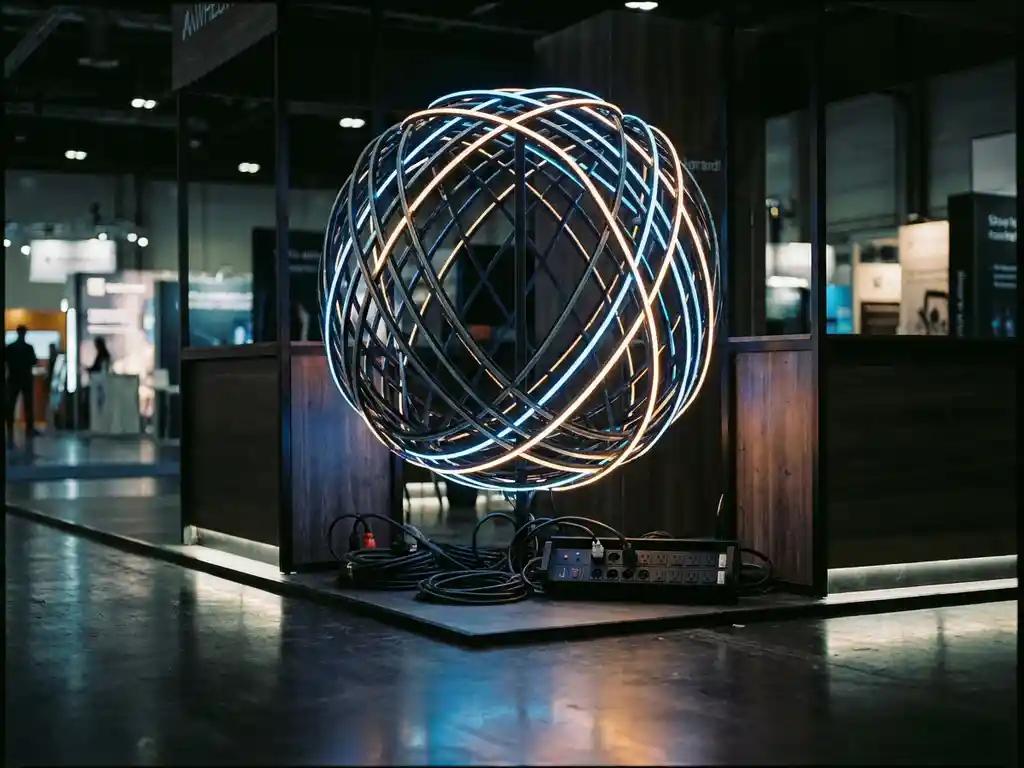 Leuchtende LED-Kugel-Installation auf einem Messestand mit sichtbaren PDU-Stromverteilern, dramatischer Unterbeleuchtung und elektrisch blauem Ambiente.