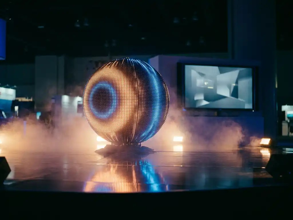 Leuchtende LED-Kugelskulptur in Bernstein und Blau auf dunklem Messeboden, umgeben von atmosphärischem Bühnennebel und einem Flachbildschirm im Hintergrund.