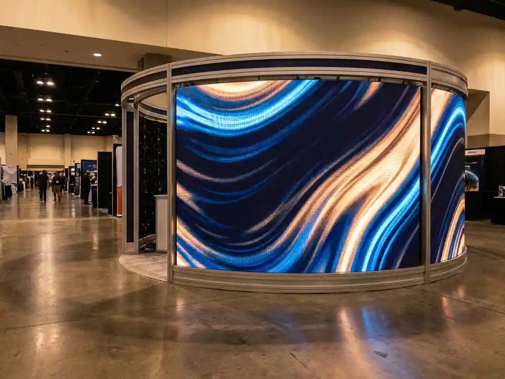 Geschwungenes LED-Wandpanel an rundem Messestand mit leuchtendem Display in Blau- und Bernsteintönen auf poliertem Betonboden.