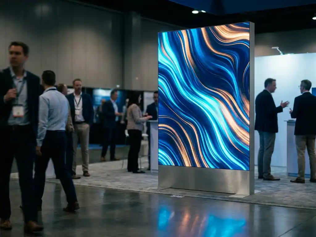 Leuchtend blauer LED-Poster-Panel auf einem modernen Messestand mit Besuchern im unscharfen Hintergrund.