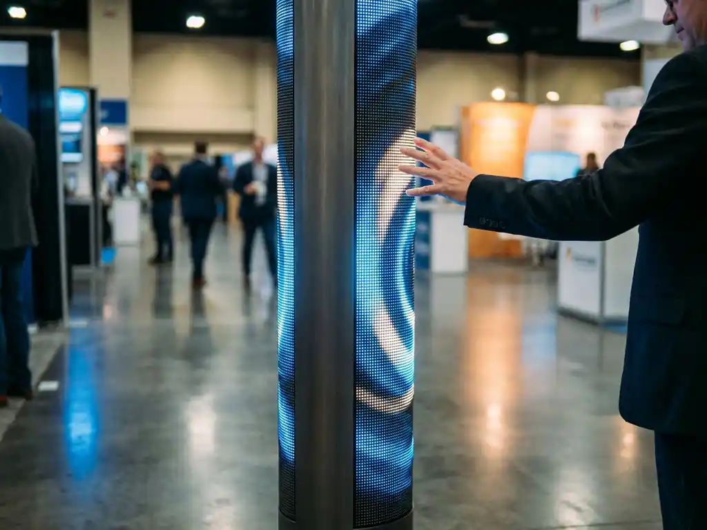 Hohe LED-Säulendisplay auf einer Messe, lebendige Pixel aus nächster Nähe, moderner Ausstellungsraum mit Betonboden und blauem Umgebungslicht.