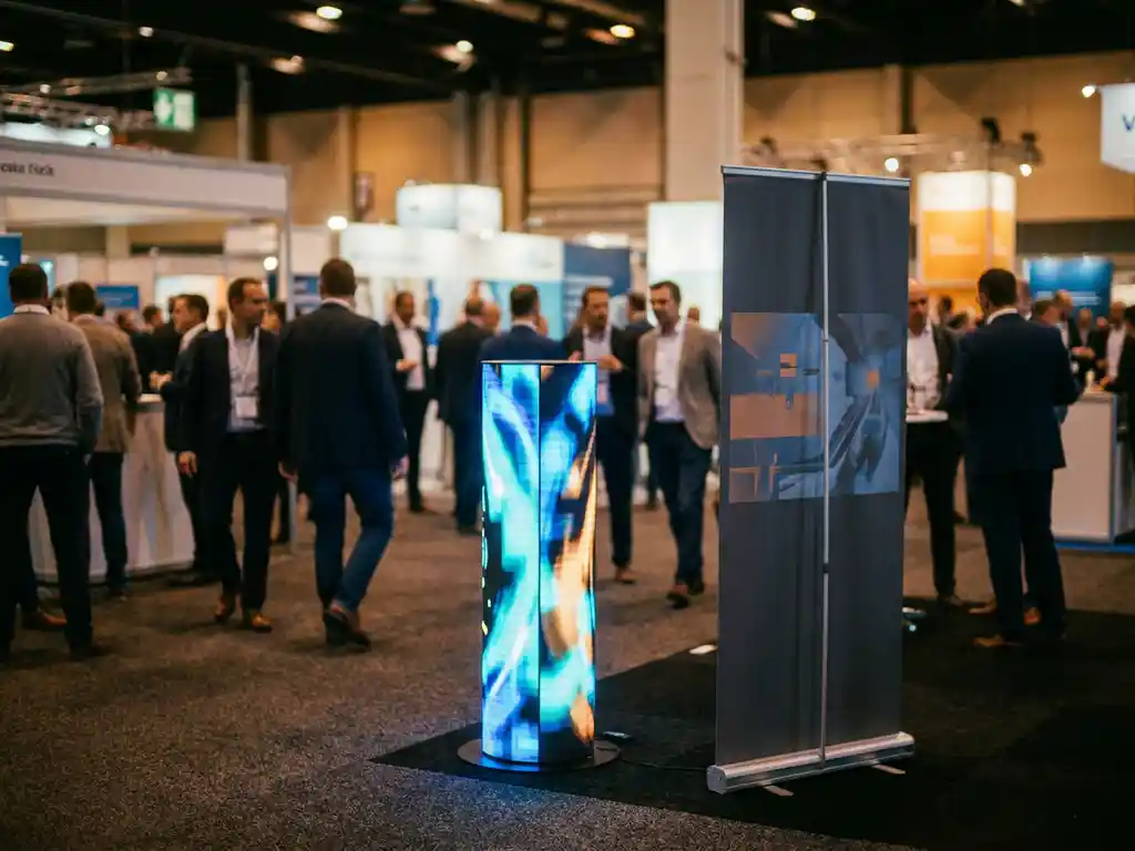Leuchtende LED-Säule mit lebendigem Display neben einem Rollup-Banner auf belebtem Messestand in elektrischem Blau und Bernsteinlicht.