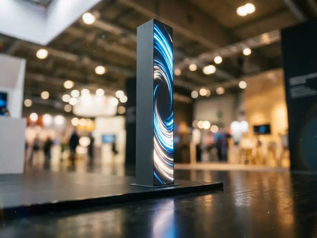 Schmale LED-Videosäule mit leuchtenden Motion Graphics auf kompaktem Messestand, dramatische Froschperspektive, elektrisches Blau und Weiß.