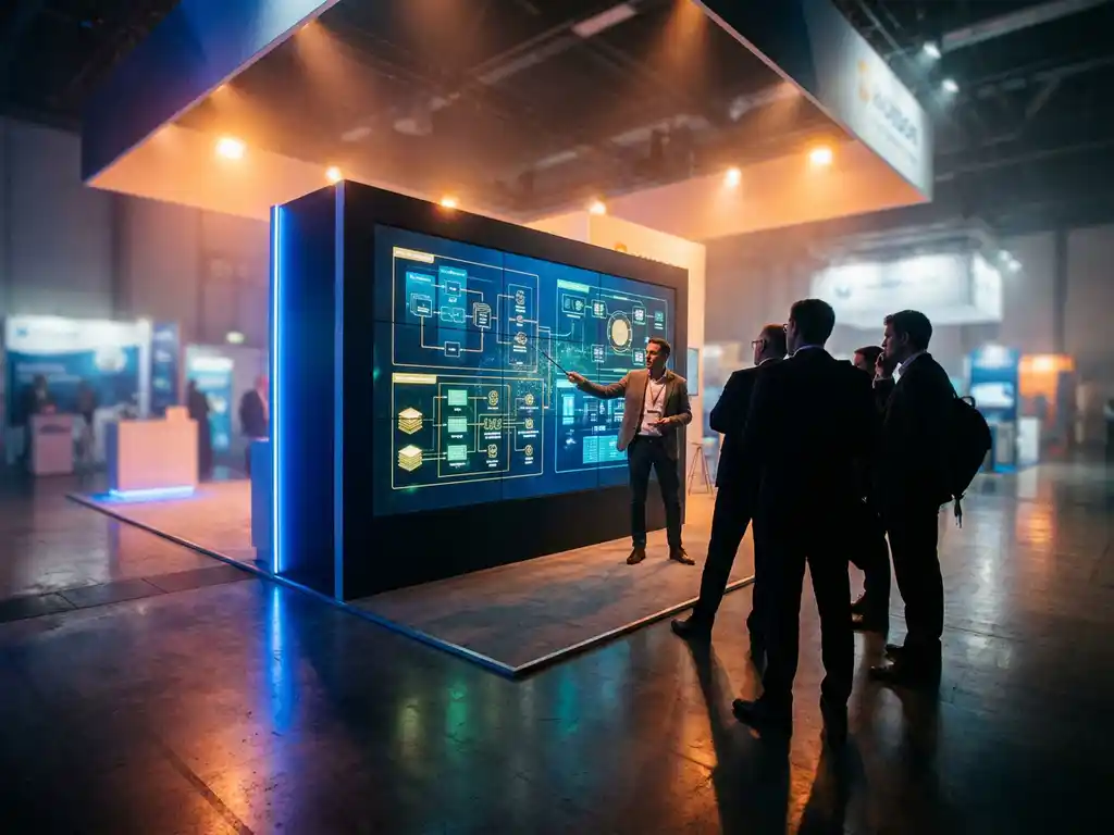 Presenter zeigt auf leuchtende Produktdiagramme an einer LED-Videowand auf einem modernen Messestand mit Besuchern im Vordergrund.
