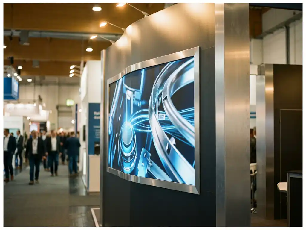 LED-Videowand mit lebendigen Produktvisualen in modernem Messestand, Aluminiumrahmen unter warmem Scheinwerferlicht, verschwommene Ausstellungshalle im Hintergrund.