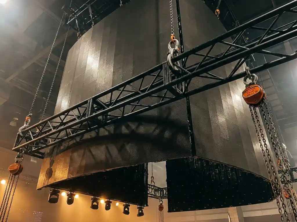 led-videowand-truss-rigging-buehne.jpg Hängendes LED-Videodisplay an schwarzem Aluminium-Traverse-Rigging mit Kettenzügen und Schäkeln, warmes Bernsteinlicht reflektiert auf den Panels, Froschperspektive.