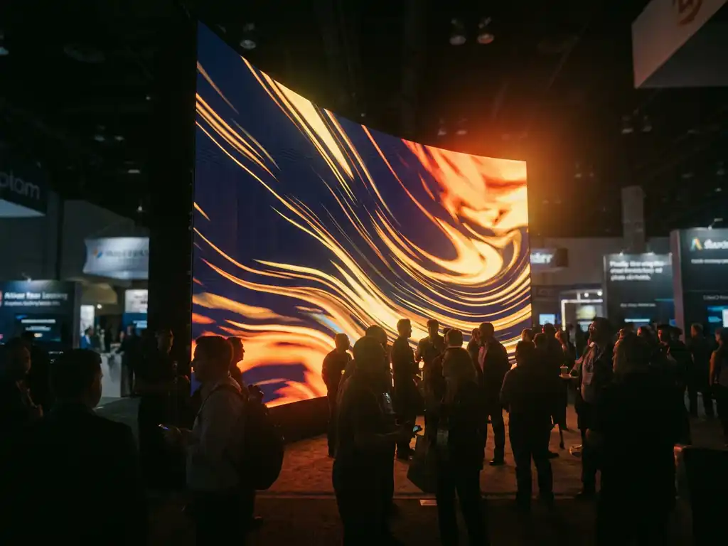 Geschwungene LED-Wand mit lebhaften Motion Graphics auf einer Messe zieht Besucher an, dramatischer Kontrast in Marineblau und leuchtendem Bernstein.