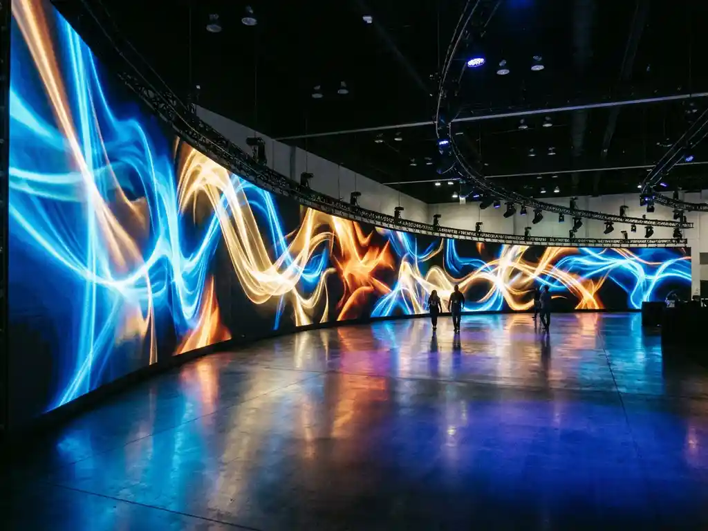 led-wand-messe-installation-lichttechnik.jpg Geschwungene LED-Wand mit lebendigen Lichtinstallationen in einer modernen Messehalle mit Betonboden und professioneller Beleuchtung.