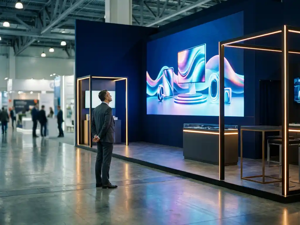 Gut gekleideter Besucher betrachtet eine große LED-Videowand mit lebendigen Produktbildern auf einer modernen Messe.