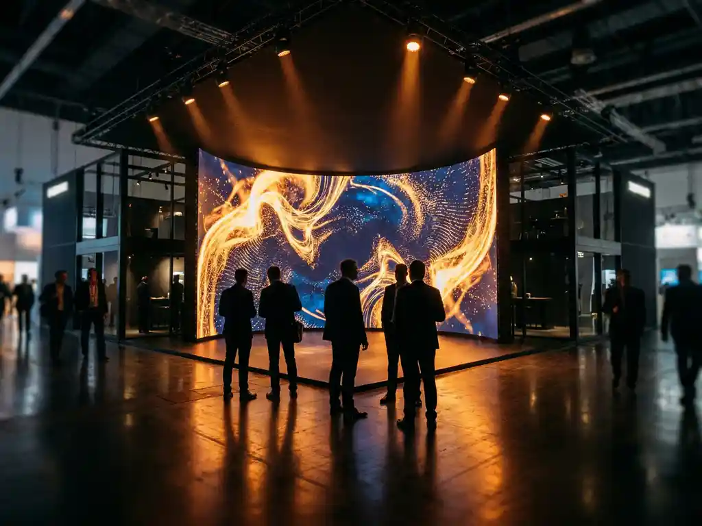 Geschwungene LED-Wand mit lebendigen Motion-Graphics dominiert einen modernen Messestand, Besucher im Gegenlicht, warme Bernstein-Scheinwerfer.