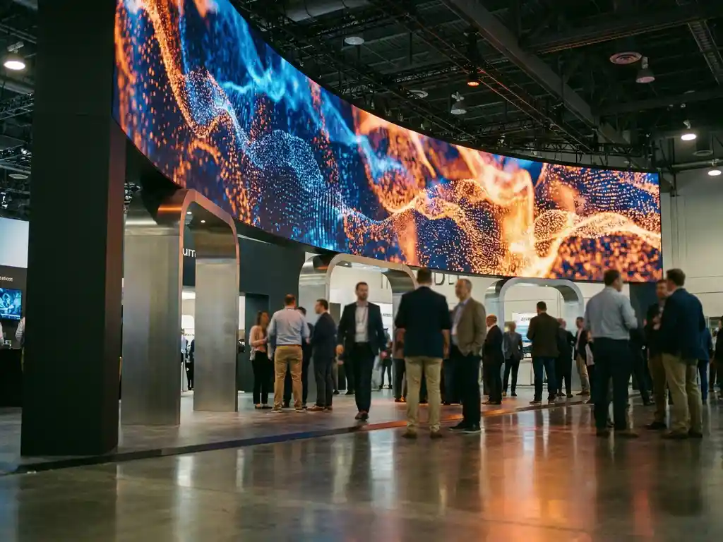 Geschwungene LED-Wand mit leuchtenden Produktvisuals dominiert einen modernen Messestand, unscharfe Besuchermenge im Vordergrund.
