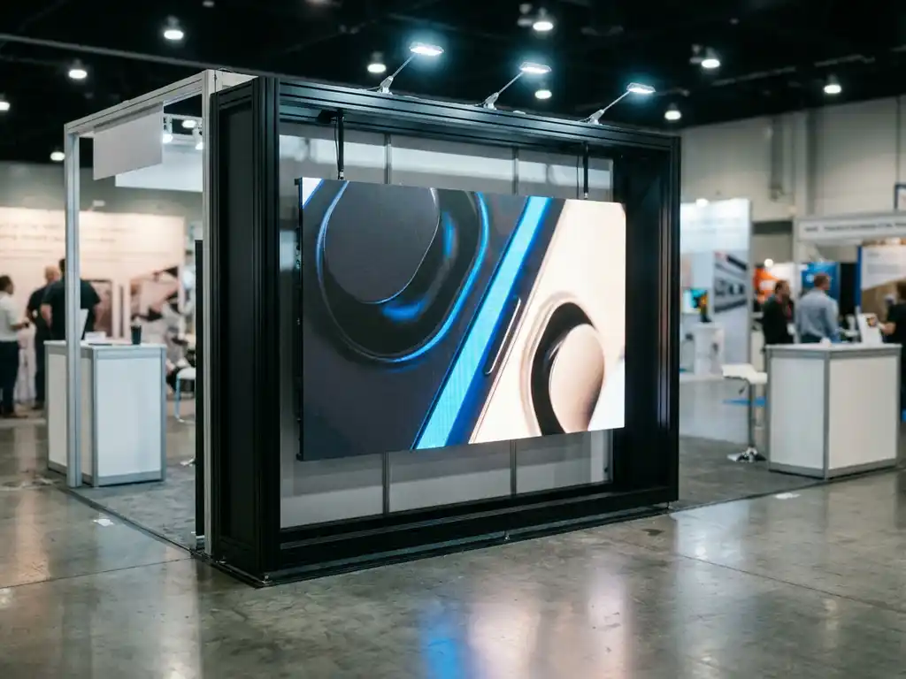 Kompaktes LED-Display mit leuchtenden Produktvisualisierungen an einem Messestand mit schwarzem Aluminiumrahmen in einer Ausstellungshalle.
