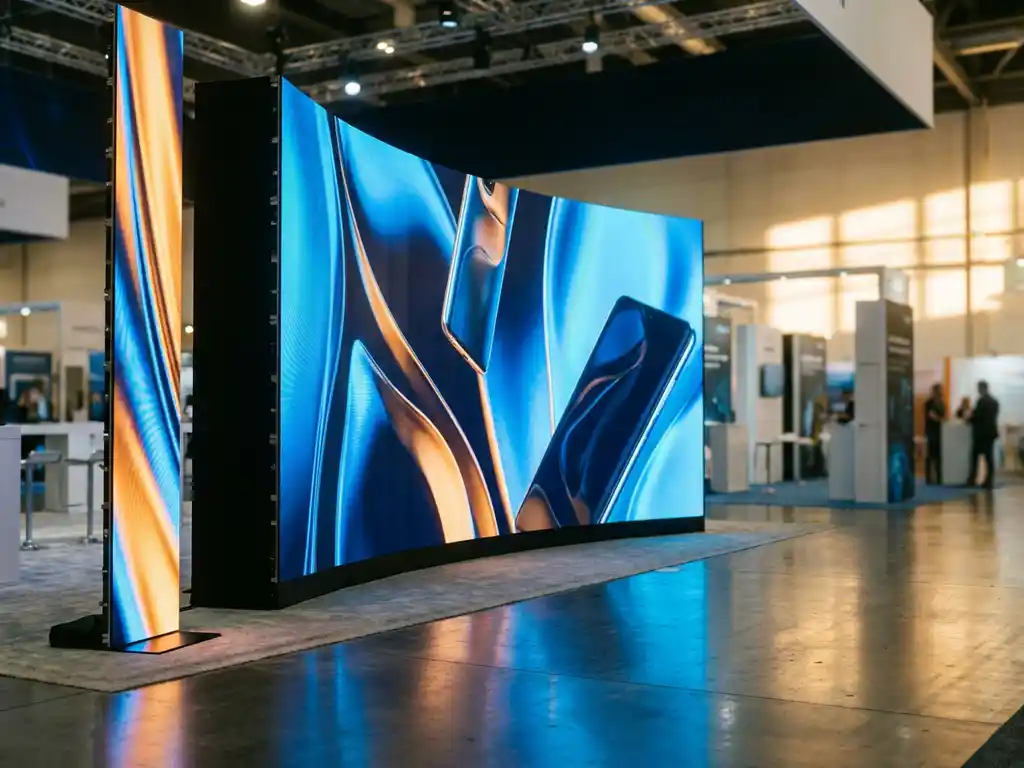 Geschwungene LED-Wand mit lebendigen Produktvisuals neben einem schlanken LED-Banner auf einem Messestand mit poliertem Betonboden.