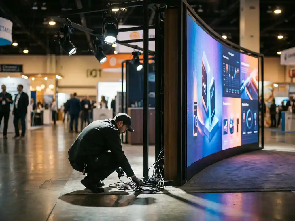 led-wand-messestand-techniker-montage.jpg Techniker justiert Kabelverbindungen an einem großen LED-Curved-Display an einem modernen Messestand mit blau-amberfarbener Beleuchtung.