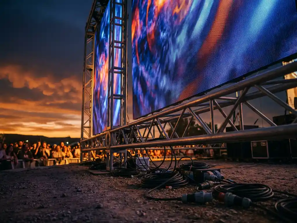 Große LED-Außenwand auf Aluminium-Truss bei Dämmerung, lebendige Inhalte vor dramatischem Abendhimmel in Blau und Amber.