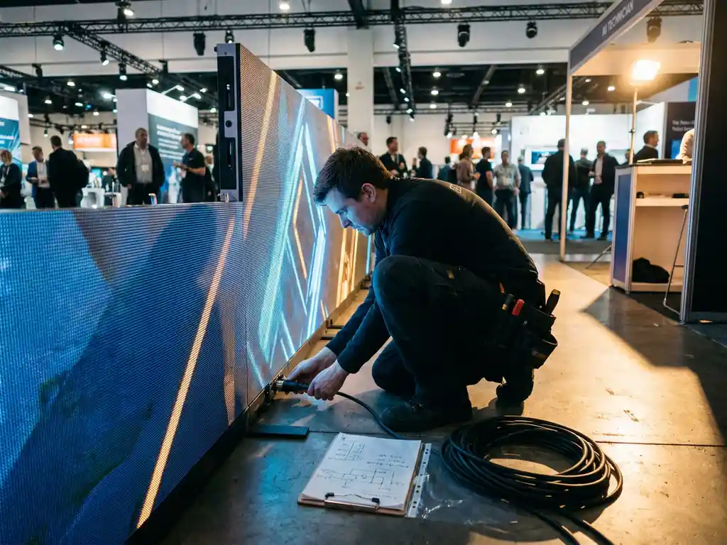 AV-Techniker prüft leuchtende LED-Wand auf einer Messe, Stromkabel und Klemmbrett mit Berechnungen am Boden.
