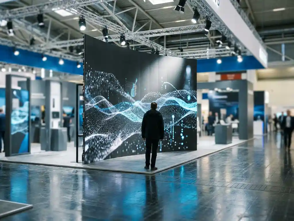 Besucher betrachtet einen ultra-dünnen, großformatigen Display auf einer Messe, beleuchtet von Spotlights in kühlem Blau und Silber.